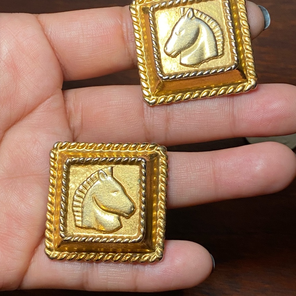 Escada Vintage 90s Equestrian Horse Head Gold Tone Square Earrings
